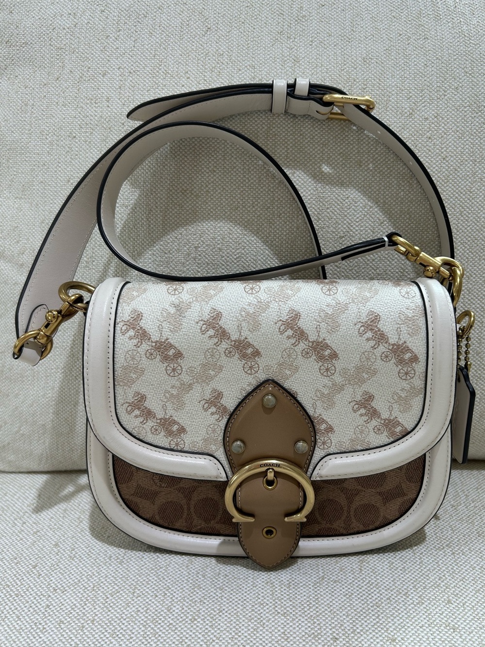 Coach Signature Horse and Carriage Beat Saddle Bag Crossbody Chalk Tan C3837